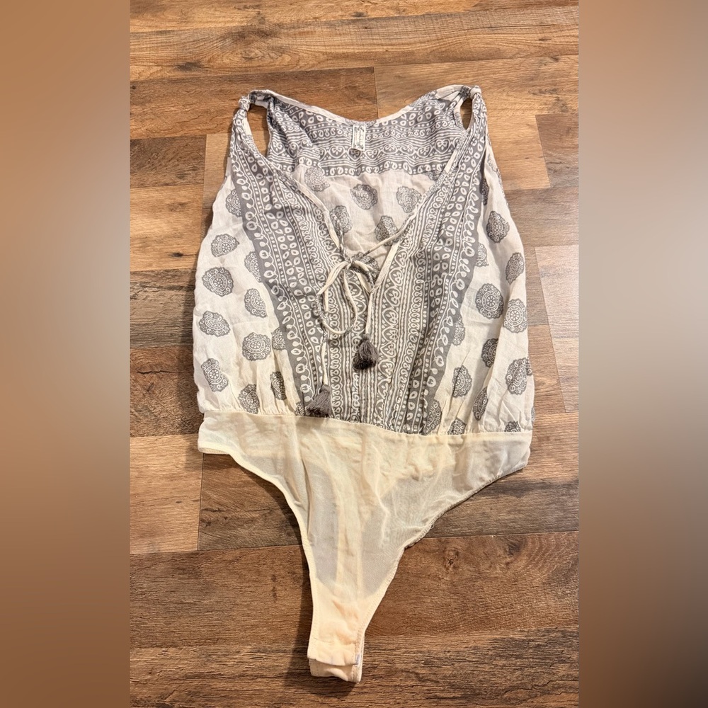 Free People Tan brown sleeveless open side sheer tie accent bodysuit size S